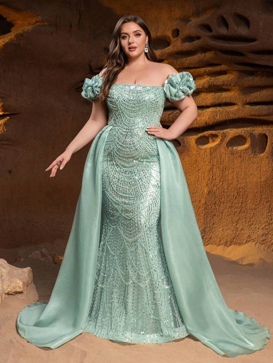SD3252 Off-Shoulder Floral Ruffle Tulle Gown