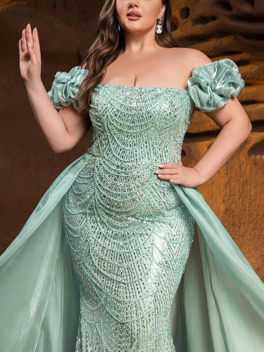SD3252 Off-Shoulder Floral Ruffle Tulle Gown