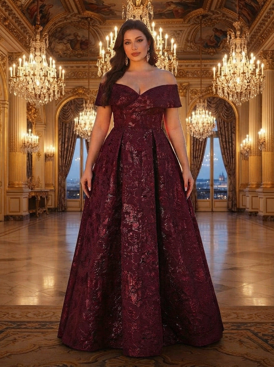 SDE3256 Plus Size Burgundy Jacquard Off-Shoulder Ball Gown