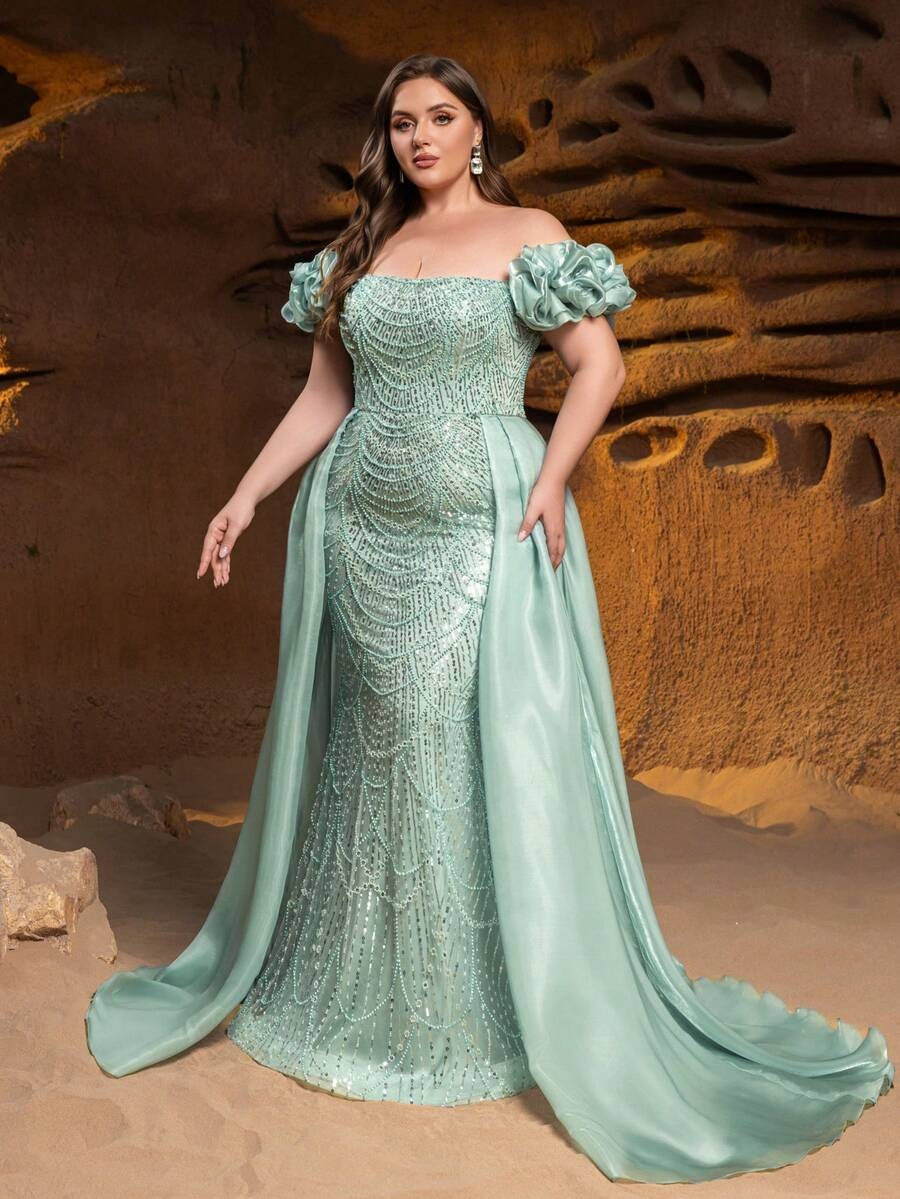 SD3252 Off-Shoulder Floral Ruffle Tulle Gown