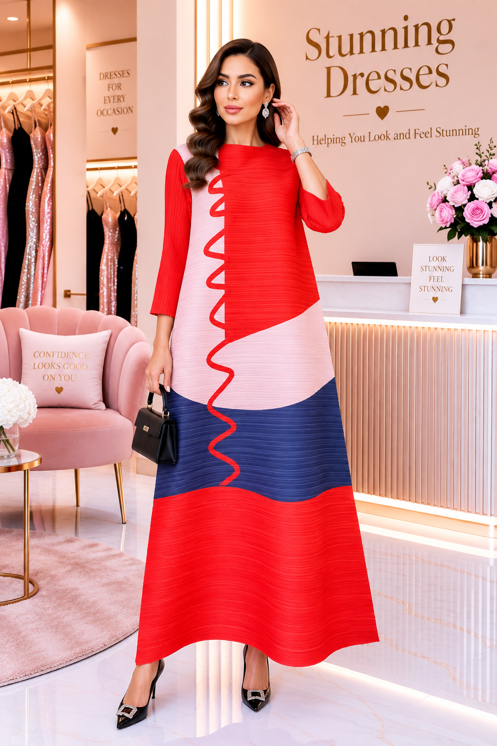 SDD4016 Colour Block Zigzag Maxi Dress in Red Pink Navy