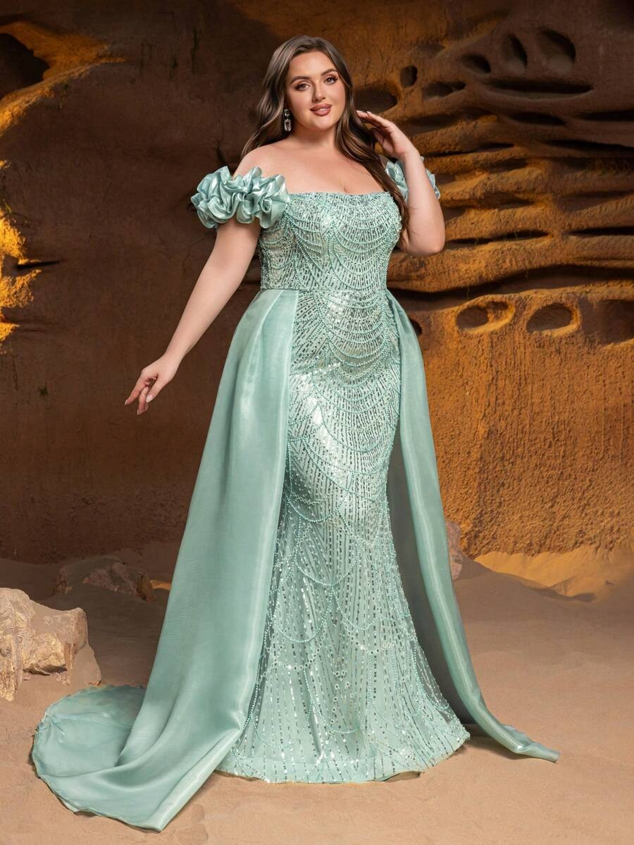SD3252 Off-Shoulder Floral Ruffle Tulle Gown