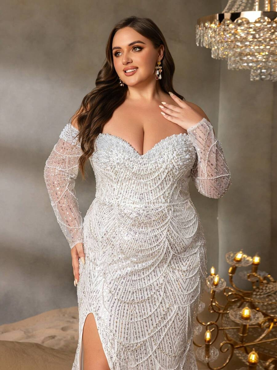 SD3251b Off-Shoulder Beaded Gown with Sheer Sleeves