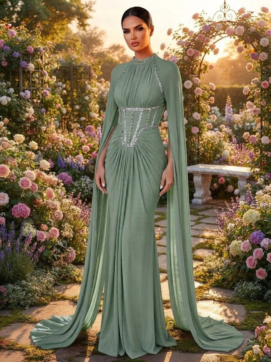 SDE3257 Luxury Beaded Diamond Chain Satin Mermaid Gown