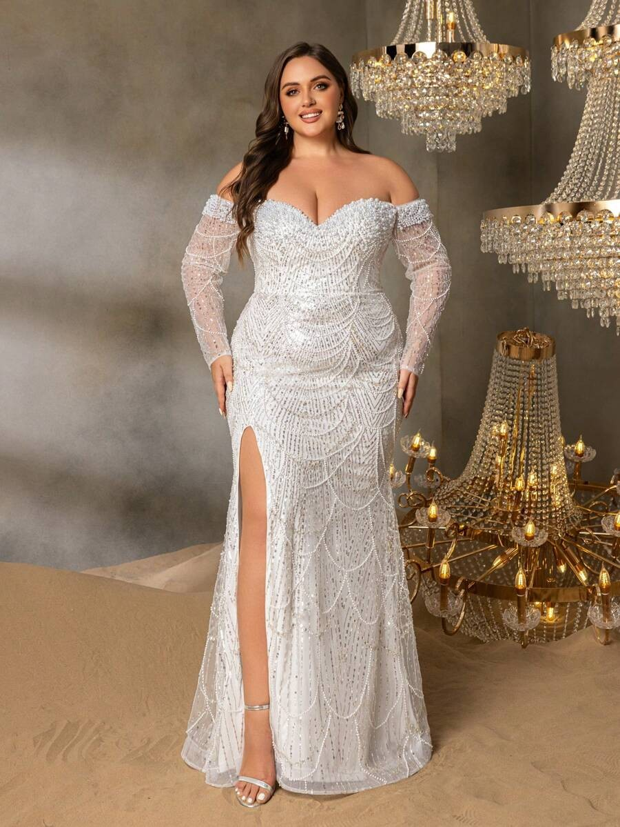 SD3251b Off-Shoulder Beaded Gown with Sheer Sleeves