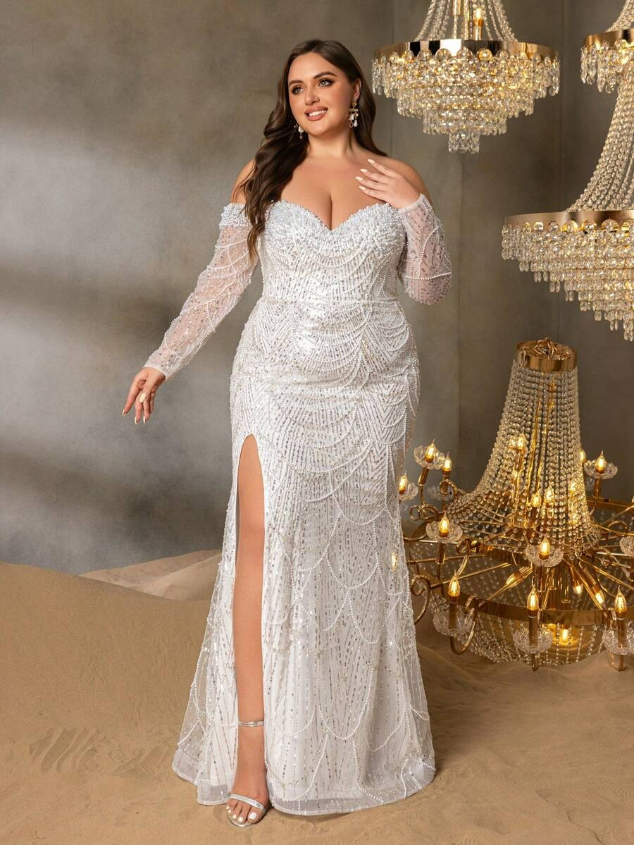SD3251b Off-Shoulder Beaded Gown with Sheer Sleeves