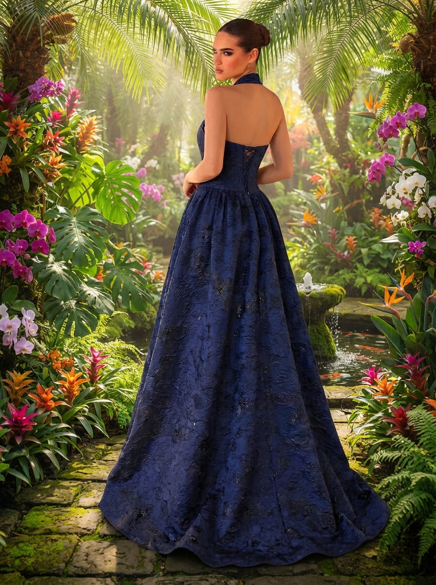 SDE3250 Elegant Burgundy Jacquard Halter Formal Evening Gown