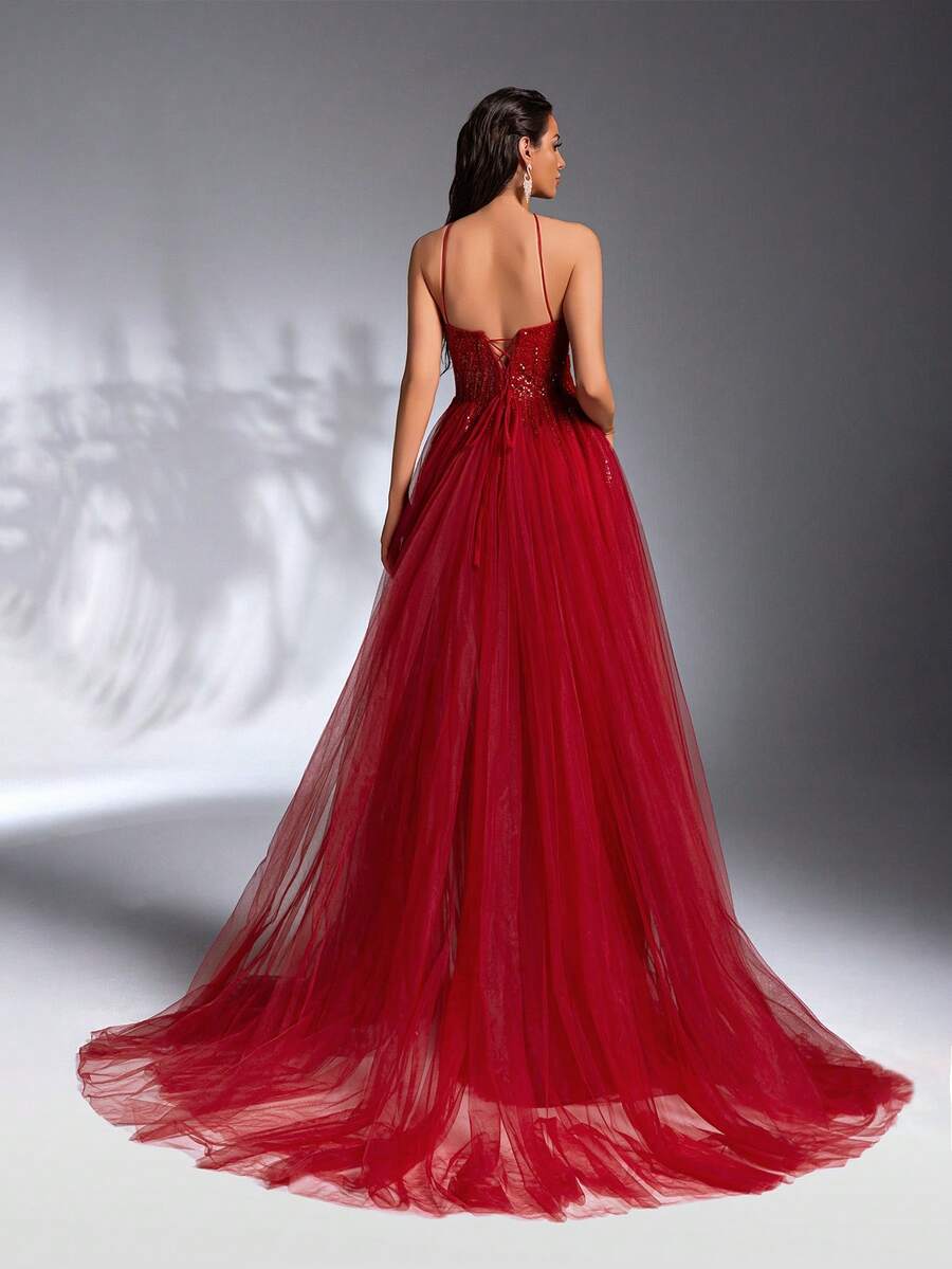 SD3273 Asymmetrical Beaded Embroidery Trailing Gown
