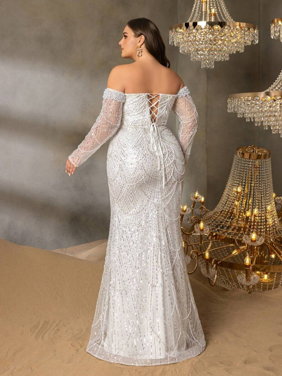 SD3251b Off-Shoulder Beaded Gown with Sheer Sleeves
