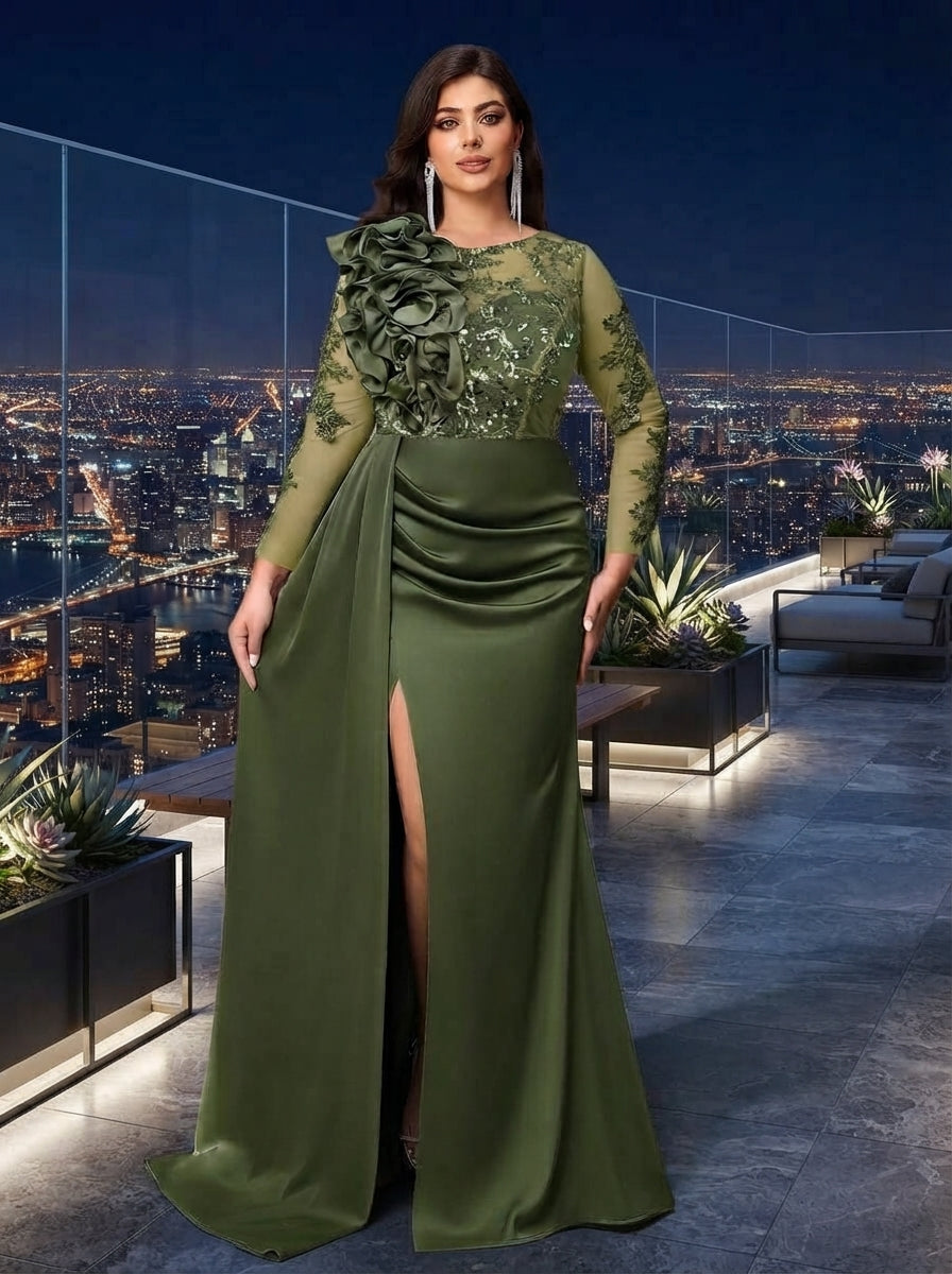 SDE3272 Plus Size Olive Green Beaded Taffeta High-Slit Gown