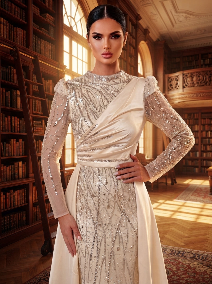 SDE3271 Luxury Beaded Embroidered Sequin Satin Fishtail Gown