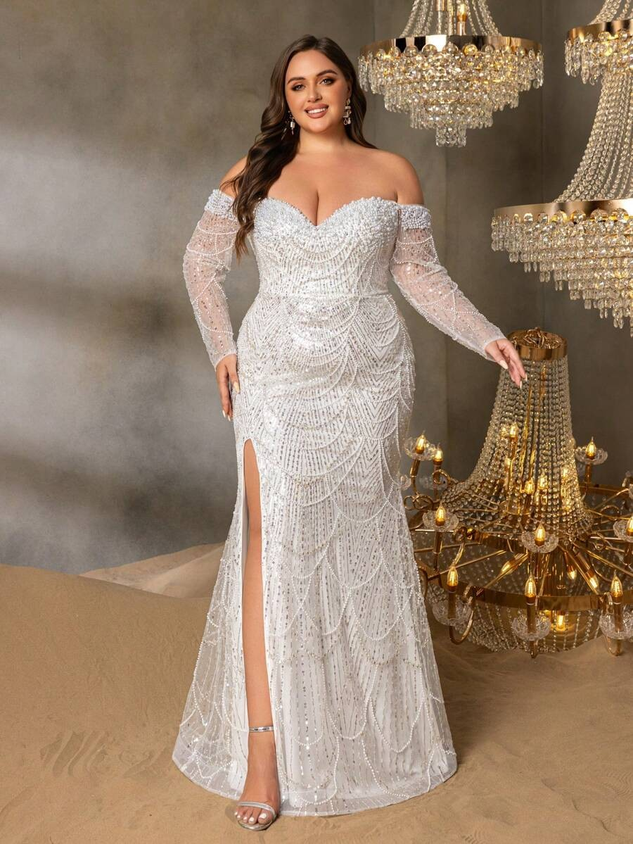 SD3251b Off-Shoulder Beaded Gown with Sheer Sleeves