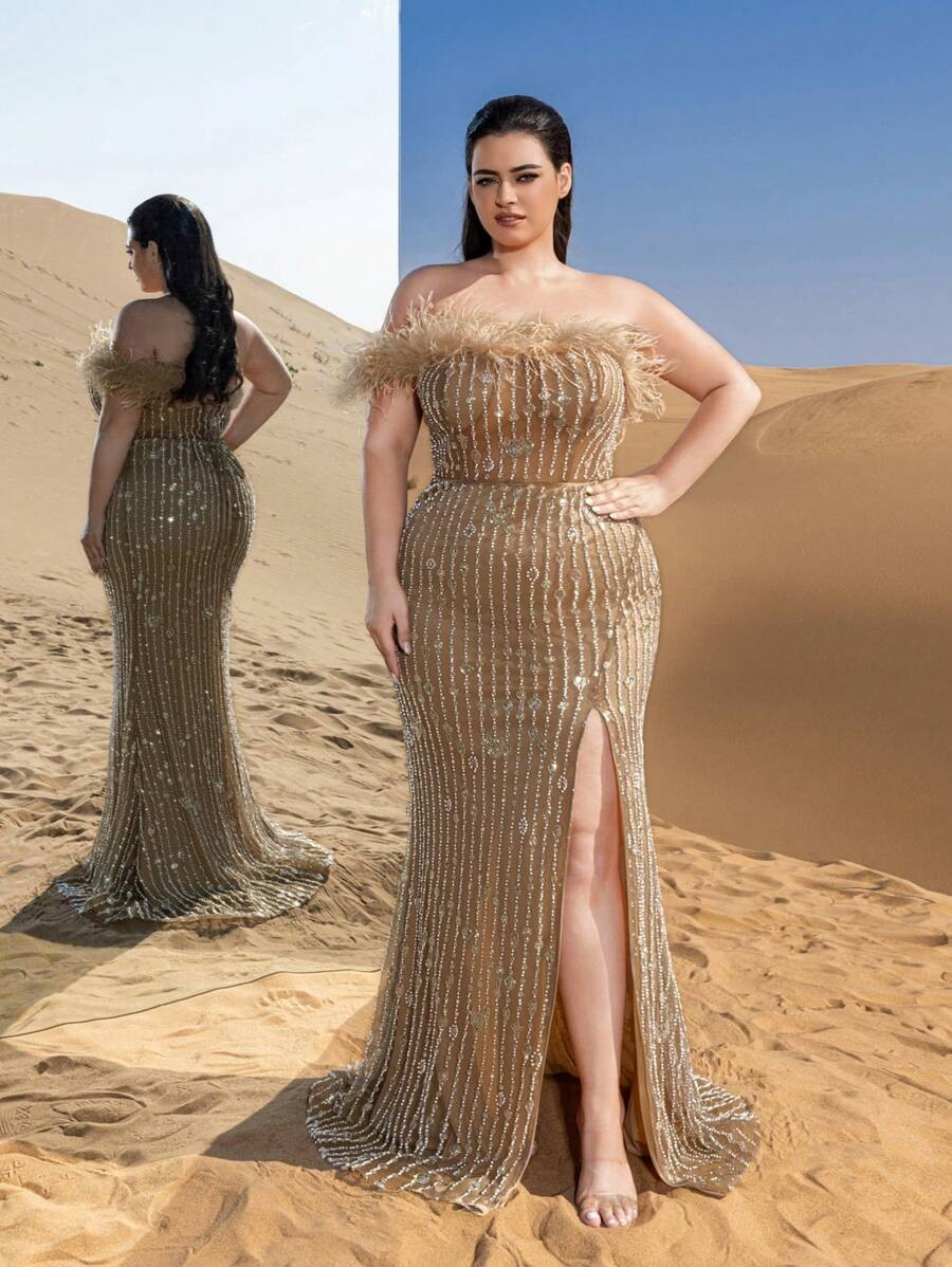 SD3251 Feather Detail Beaded Sequin Mermaid Gown