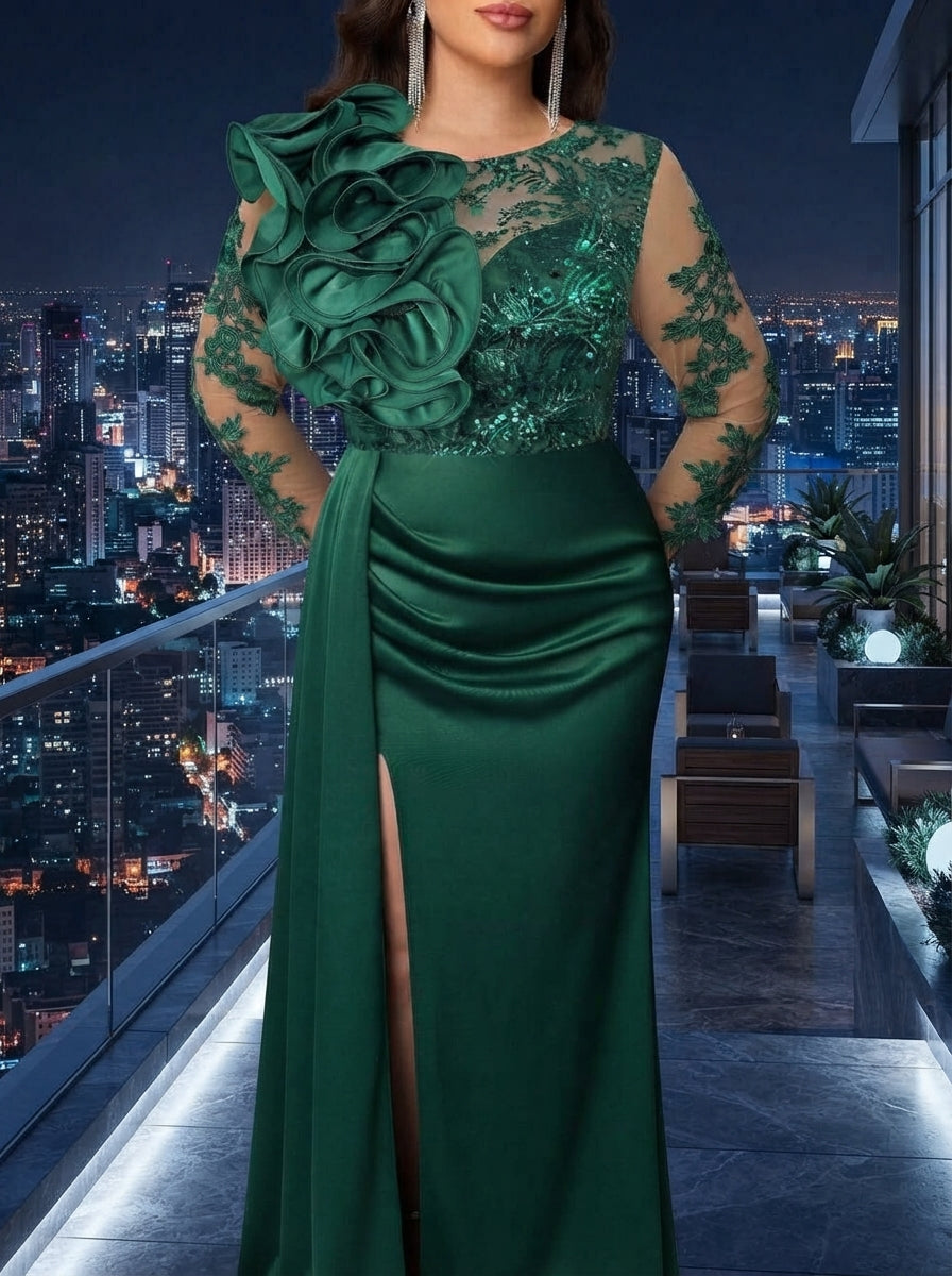SDE3272 Plus Size Olive Green Beaded Taffeta High-Slit Gown
