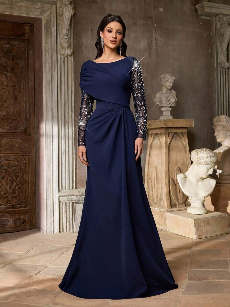 SDE3259 Luxury Beaded Sequin Mesh Ruched Mermaid Skirt
