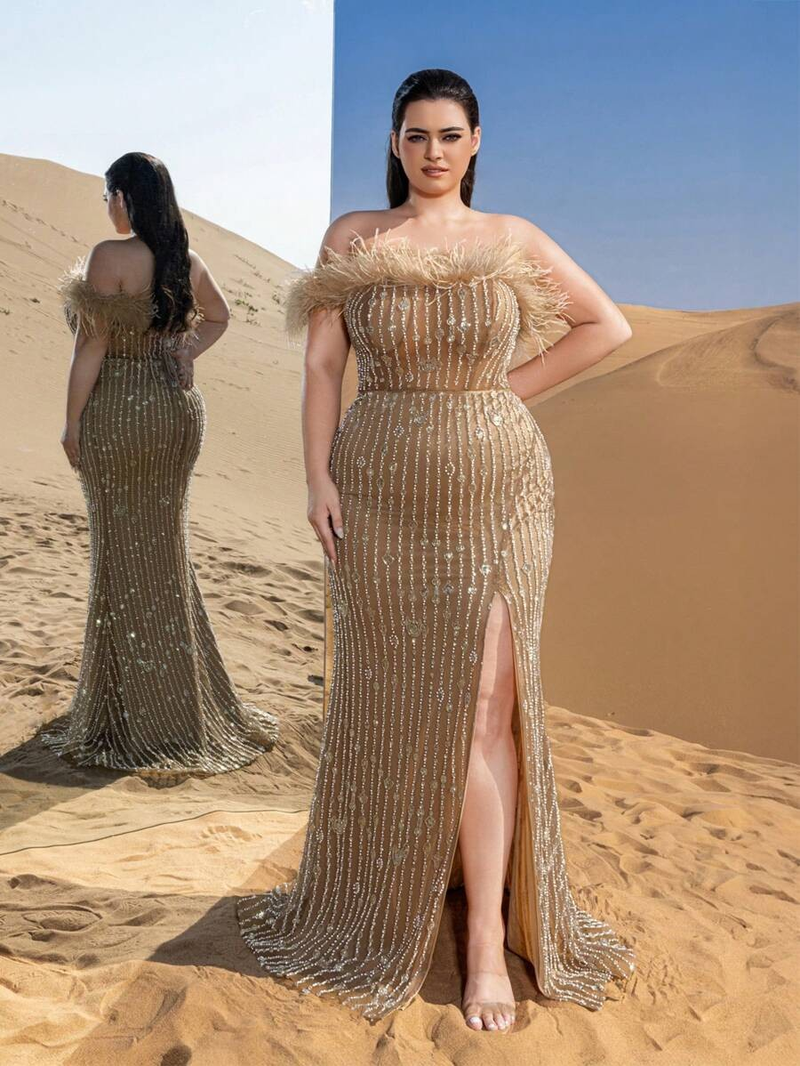 SD3251 Feather Detail Beaded Sequin Mermaid Gown