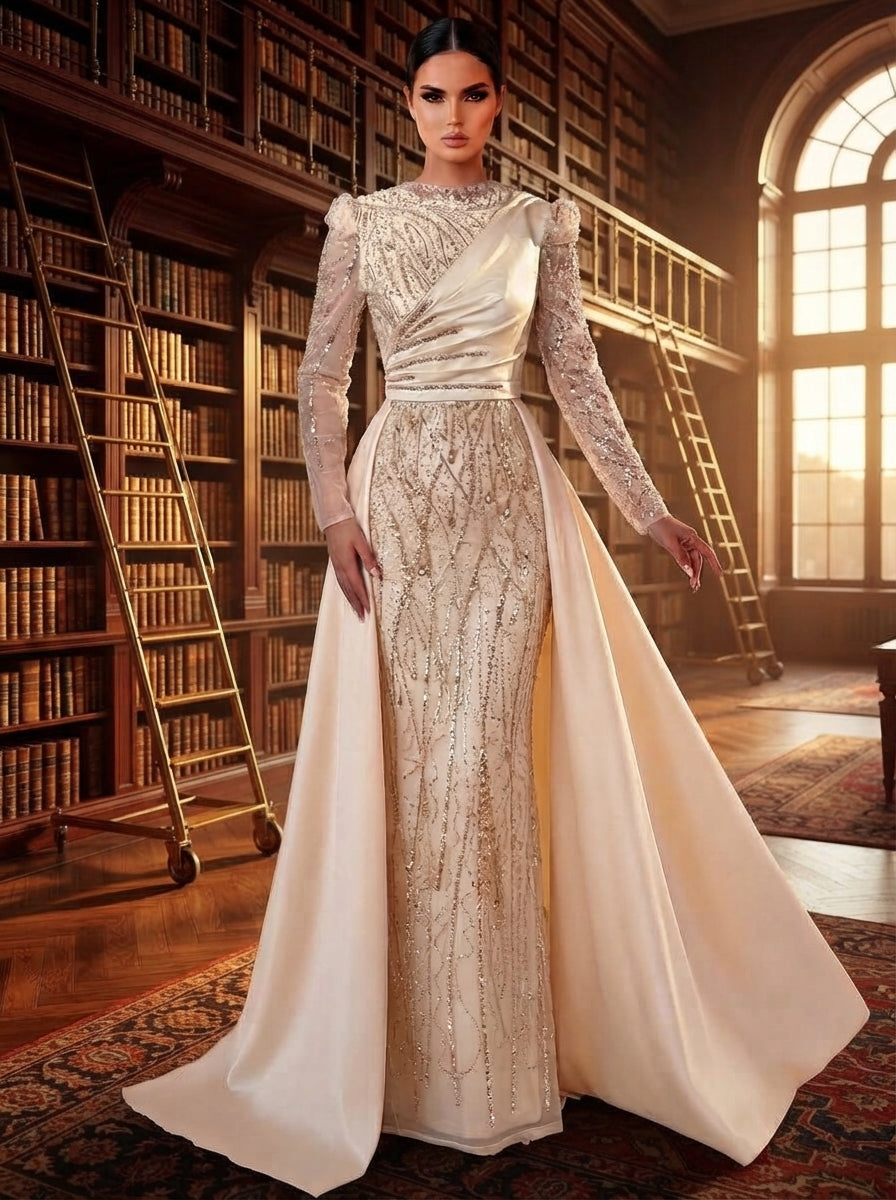 SDE3271 Luxury Beaded Embroidered Sequin Satin Fishtail Gown