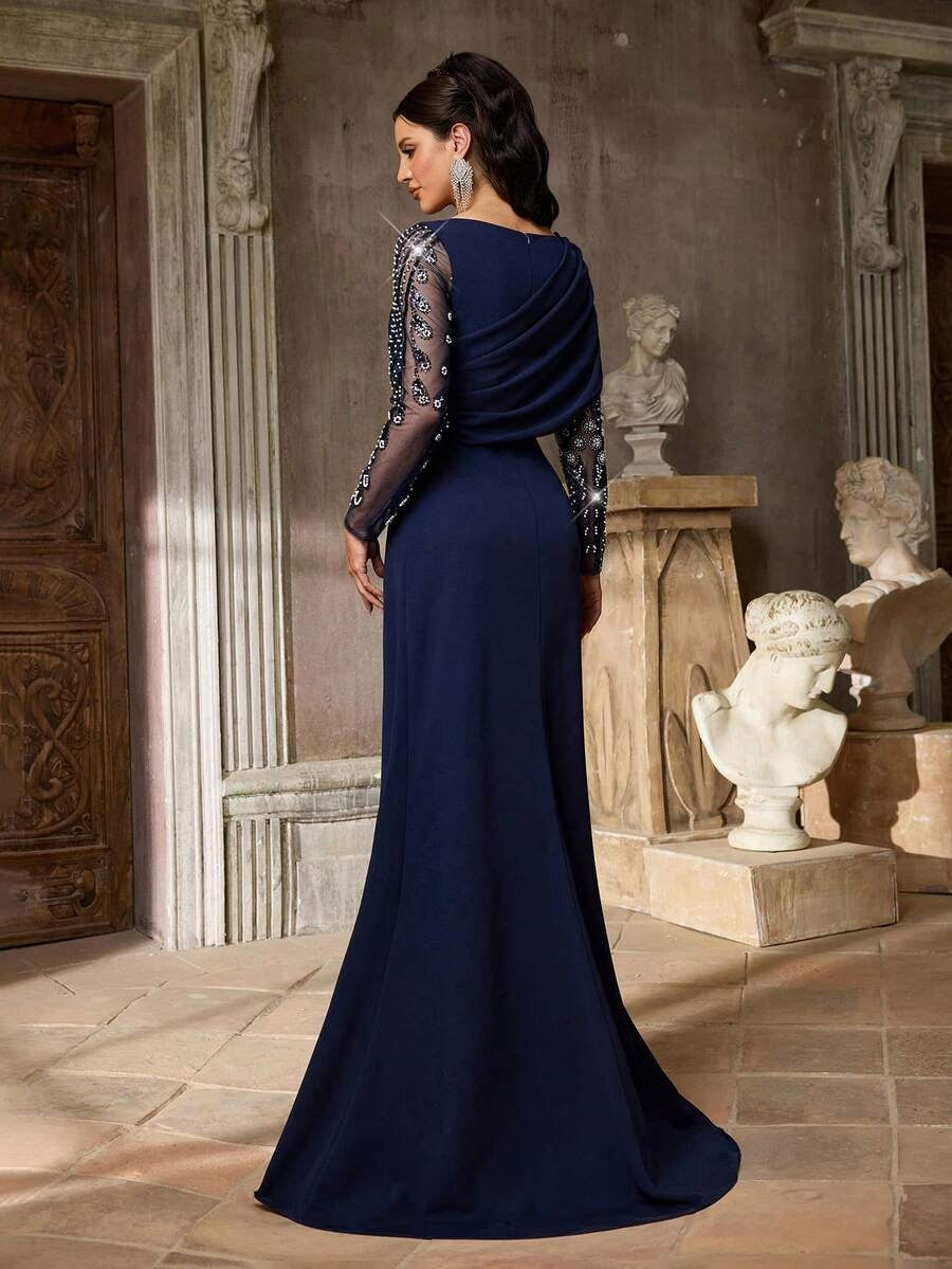 SDE3259 Luxury Beaded Sequin Mesh Ruched Mermaid Skirt