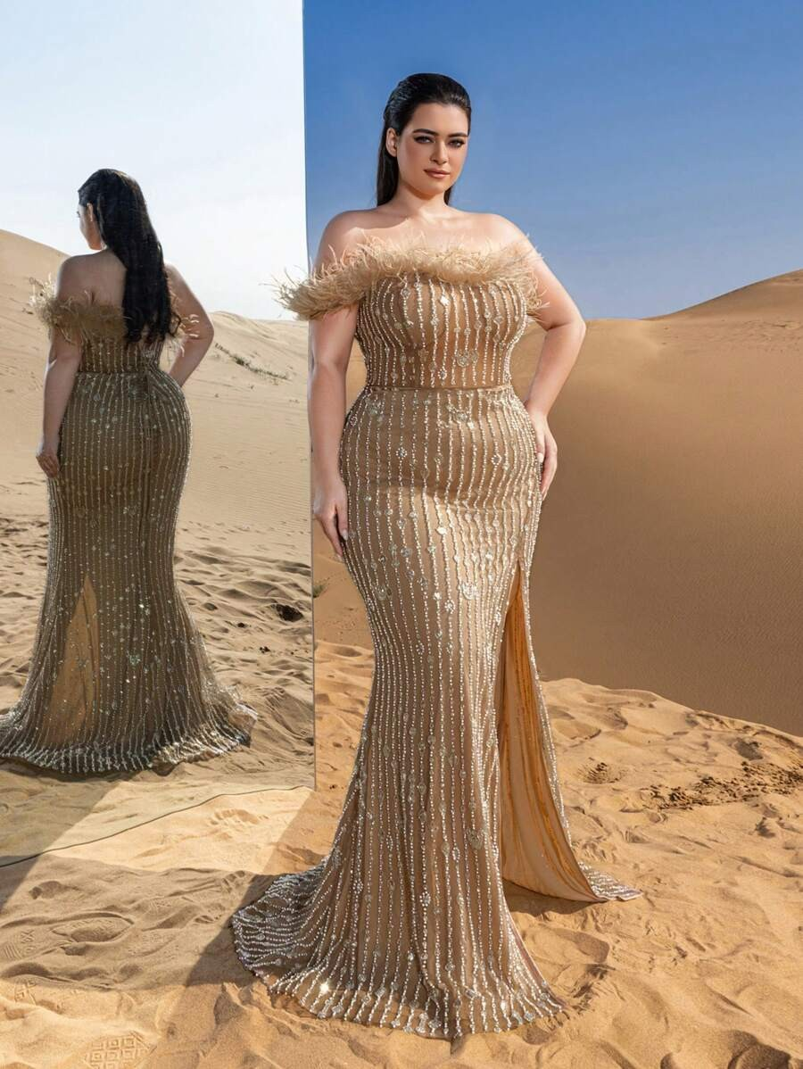 SD3251 Feather Detail Beaded Sequin Mermaid Gown