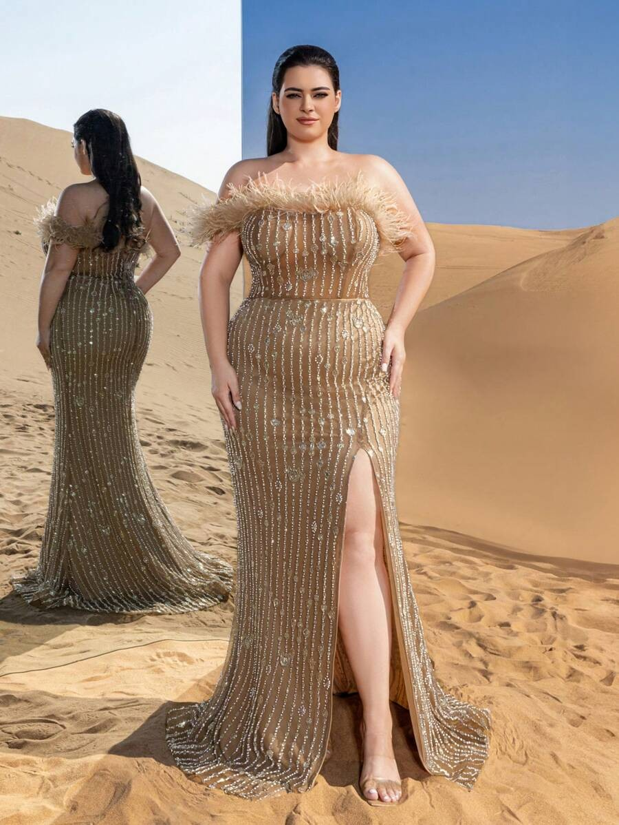 SD3251 Feather Detail Beaded Sequin Mermaid Gown