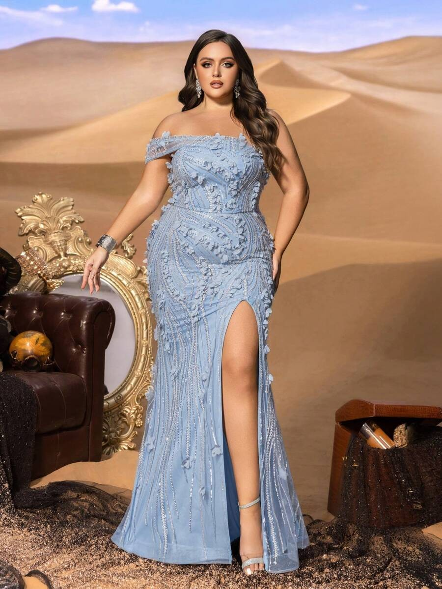 SD3249 One-Shoulder Floral Appliqué Mermaid Gown