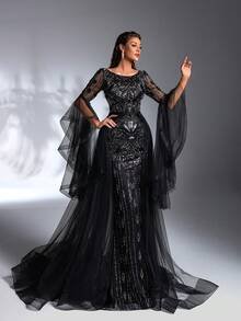 SD3196 Black Beaded Flare-Sleeve Trailing Gown image 4