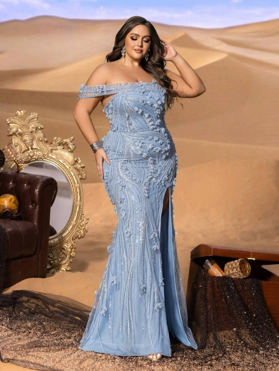 SD3249 One-Shoulder Floral Appliqué Mermaid Gown