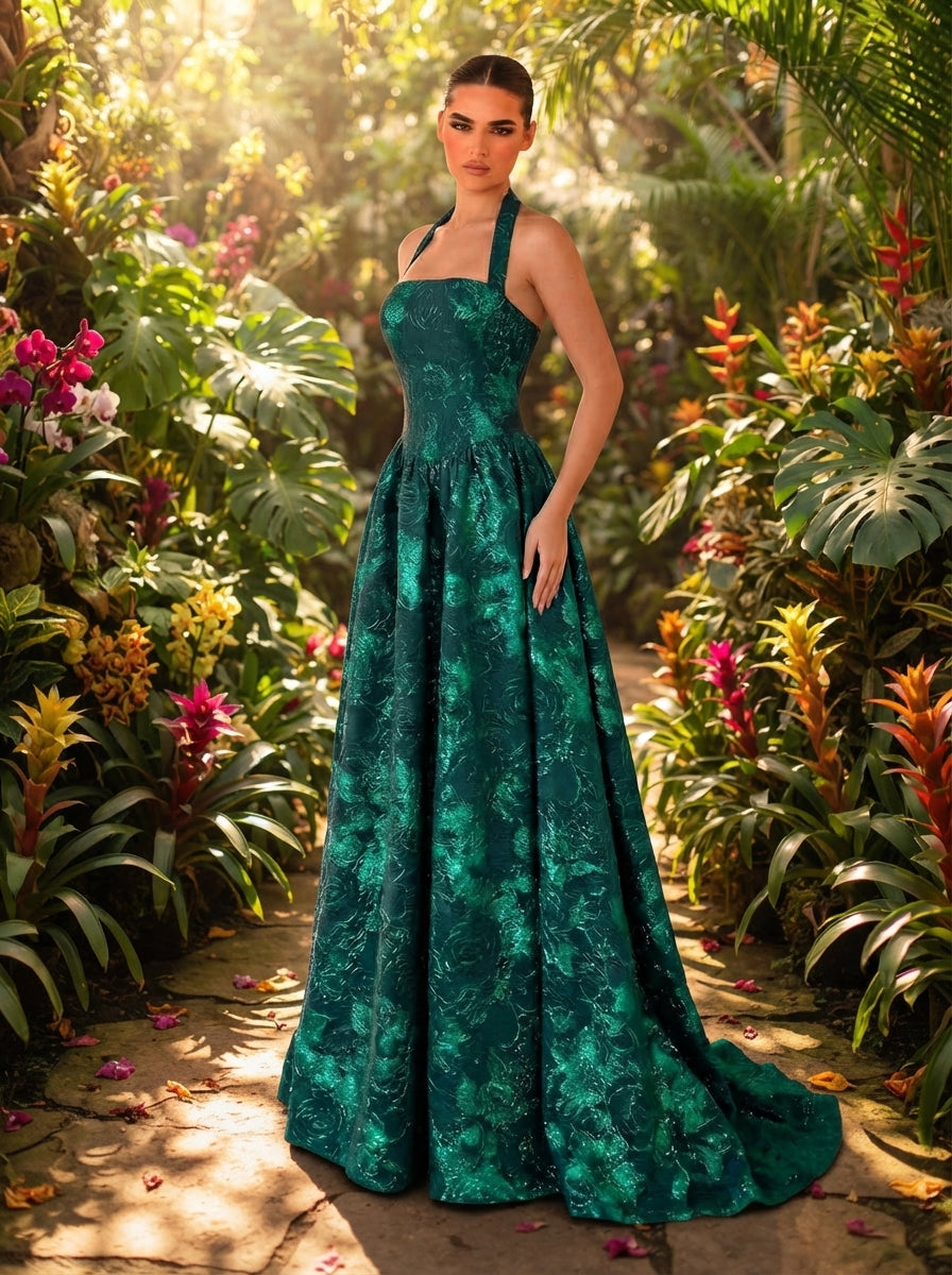 SDE3250 Elegant Burgundy Jacquard Halter Formal Evening Gown
