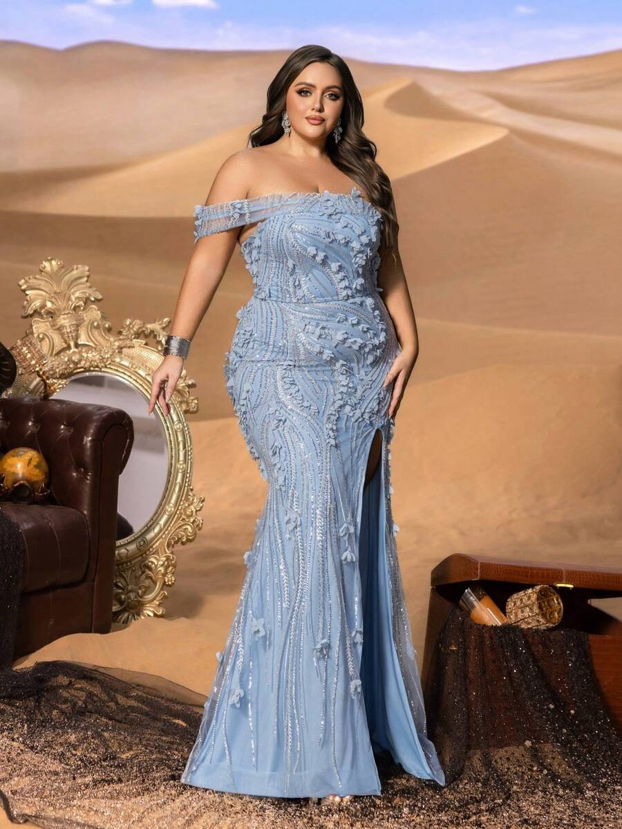 SD3249 One-Shoulder Floral Appliqué Mermaid Gown