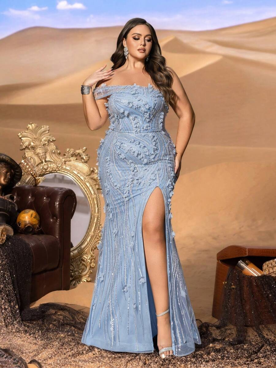 SD3249 One-Shoulder Floral Appliqué Mermaid Gown