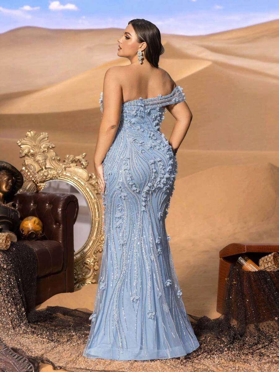 SD3249 One-Shoulder Floral Appliqué Mermaid Gown