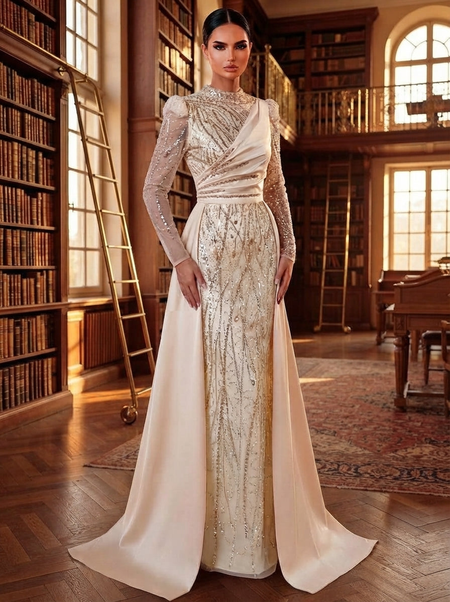 SDE3271 Luxury Beaded Embroidered Sequin Satin Fishtail Gown