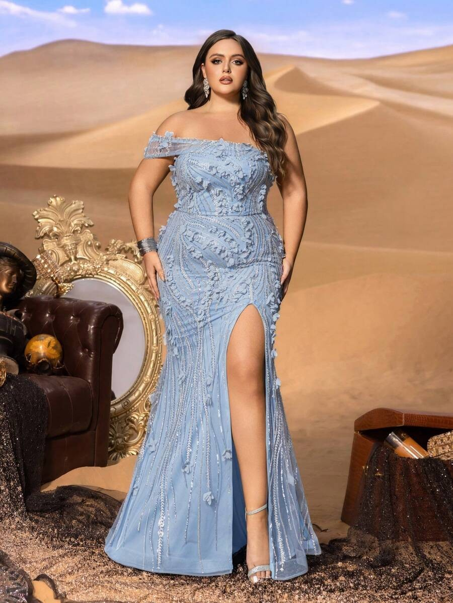 SD3249 One-Shoulder Floral Appliqué Mermaid Gown
