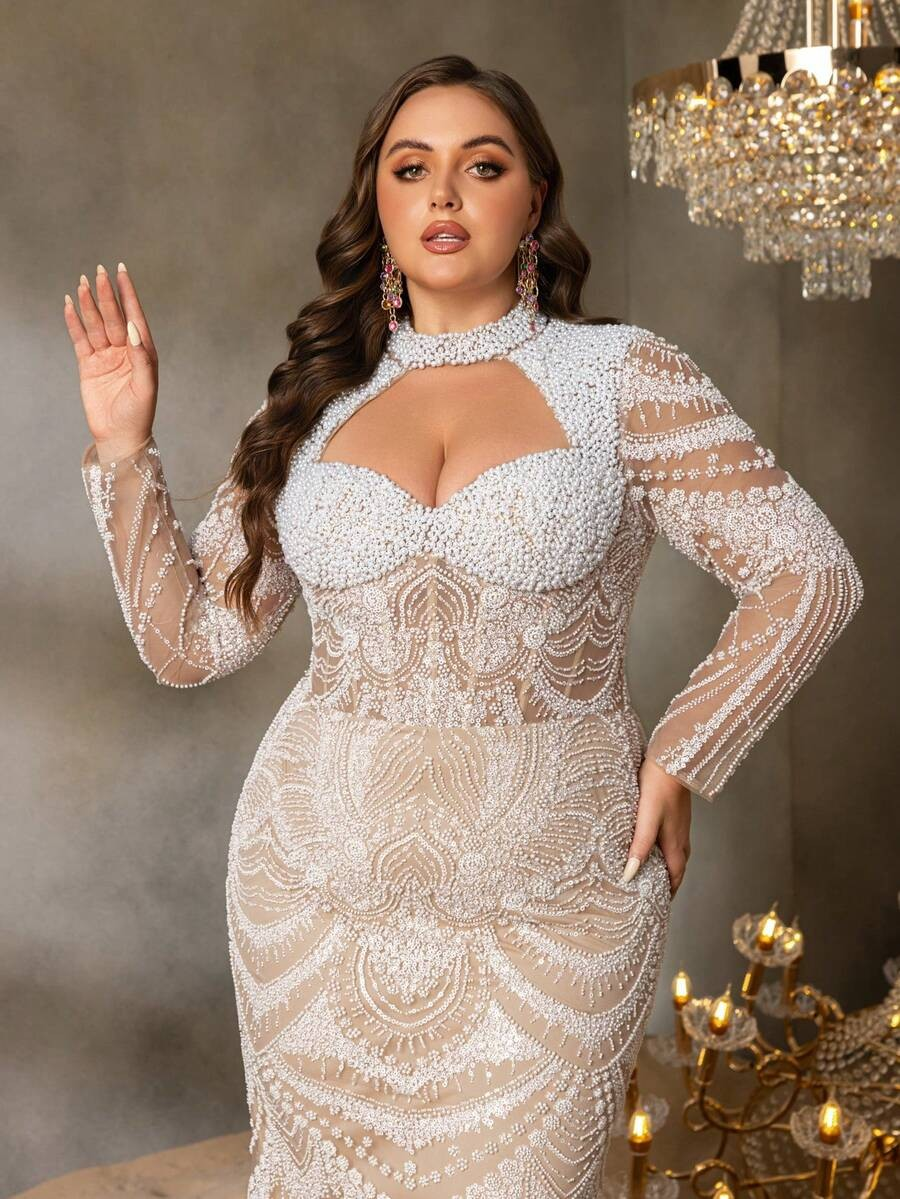 SD3250 High-Neck Floral Beaded Gown with Cutouts