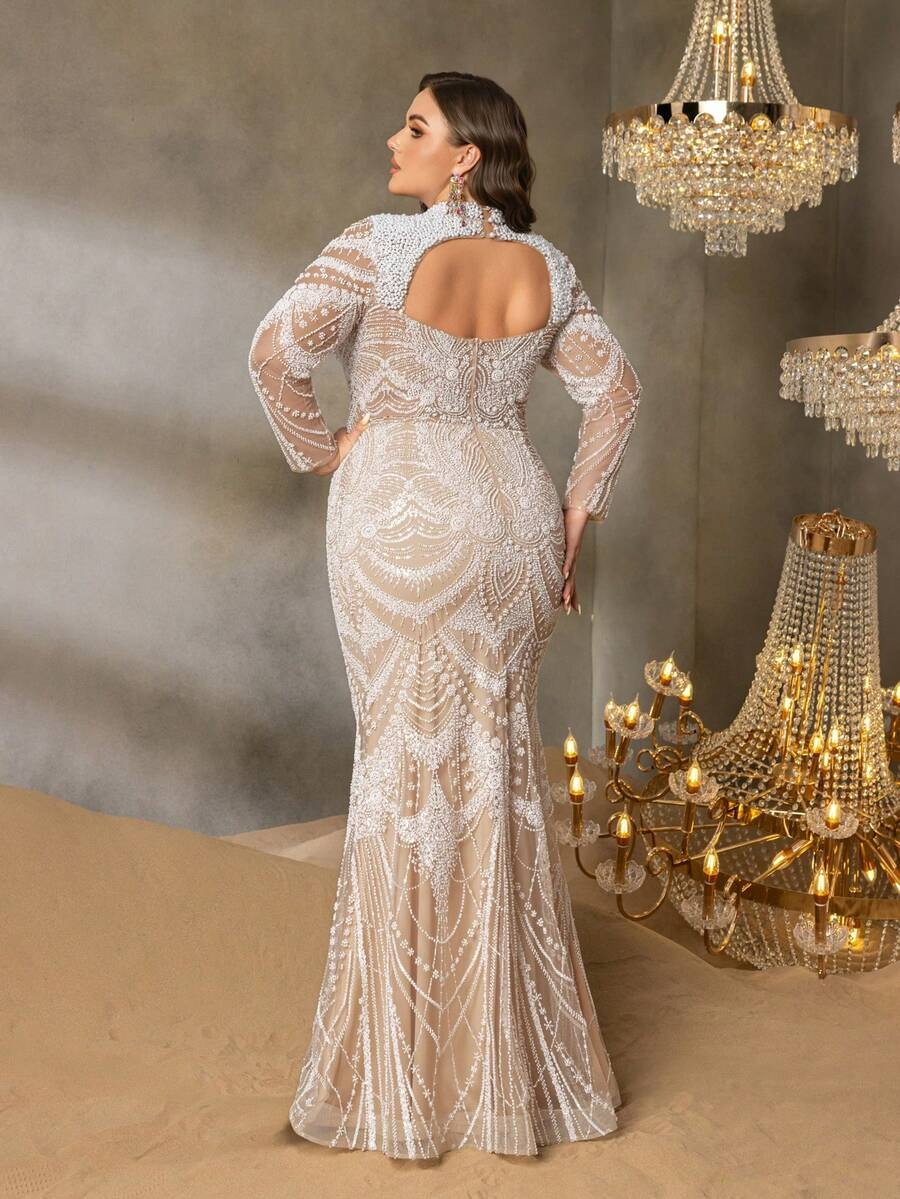 SD3250 High-Neck Floral Beaded Gown with Cutouts