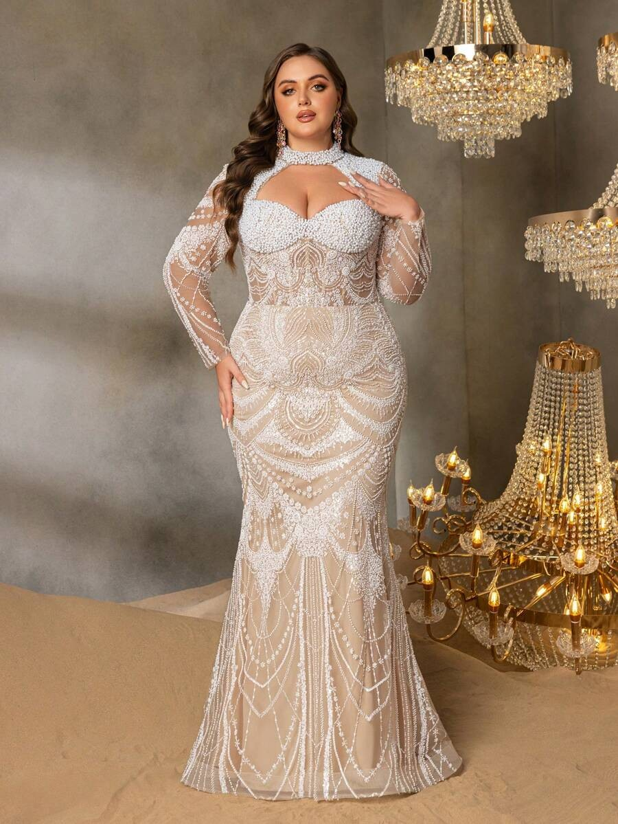 SD3250 High-Neck Floral Beaded Gown with Cutouts