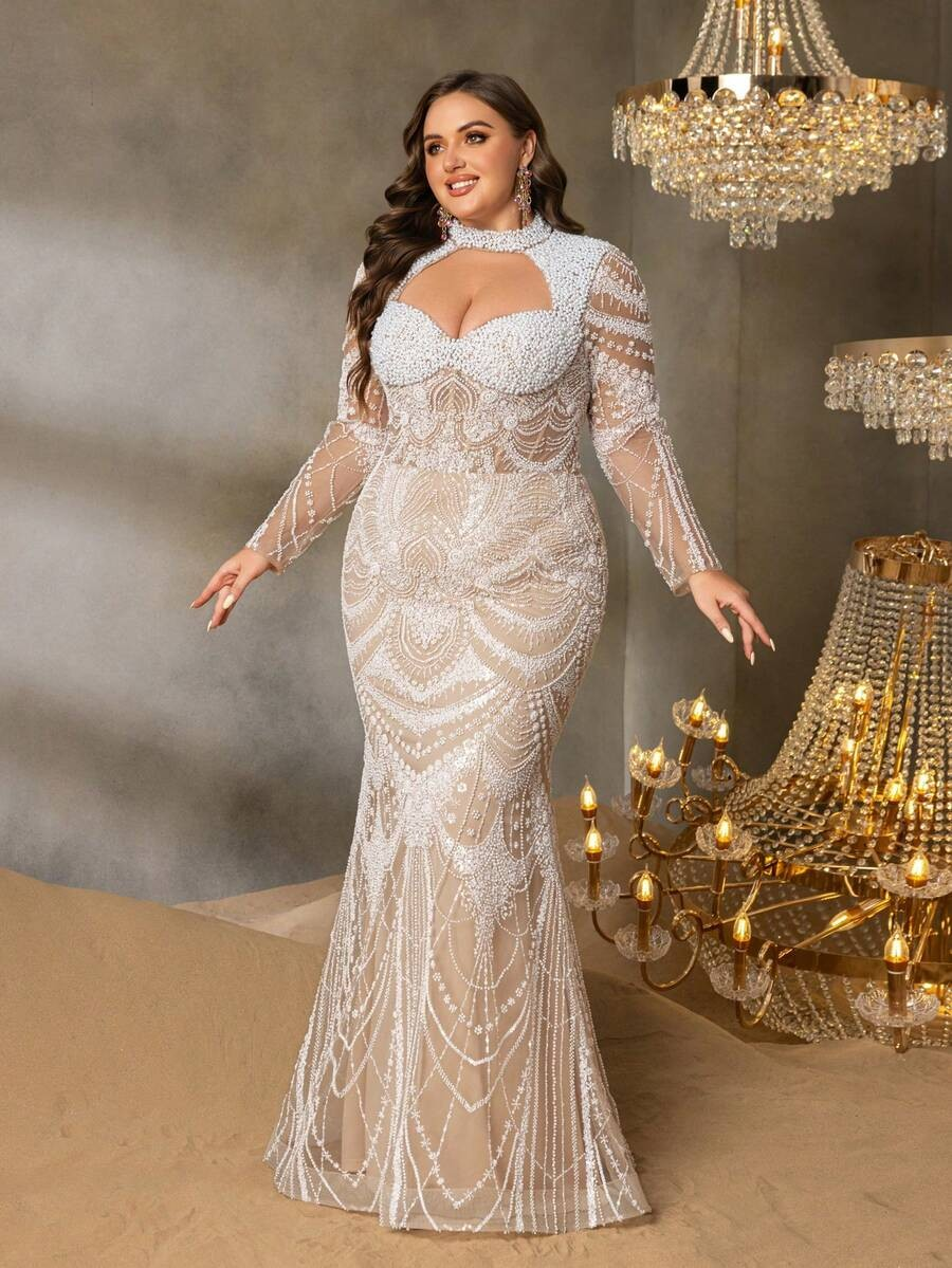 SD3250 High-Neck Floral Beaded Gown with Cutouts