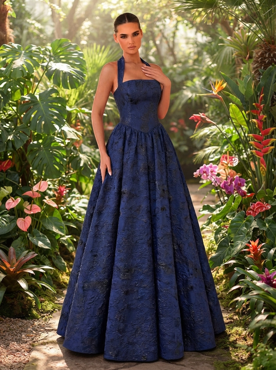 SDE3250 Elegant Burgundy Jacquard Halter Formal Evening Gown