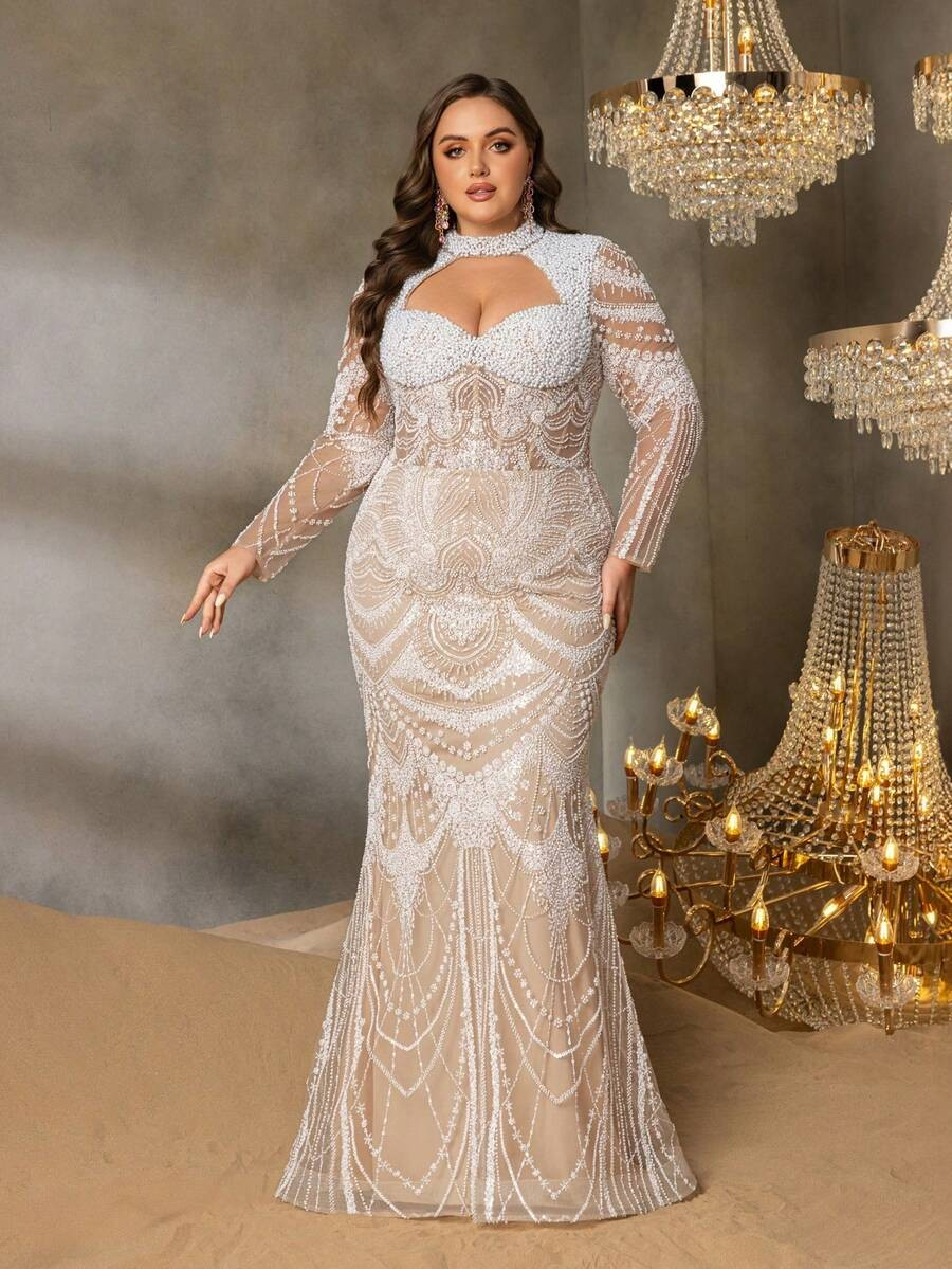 SD3250 High-Neck Floral Beaded Gown with Cutouts