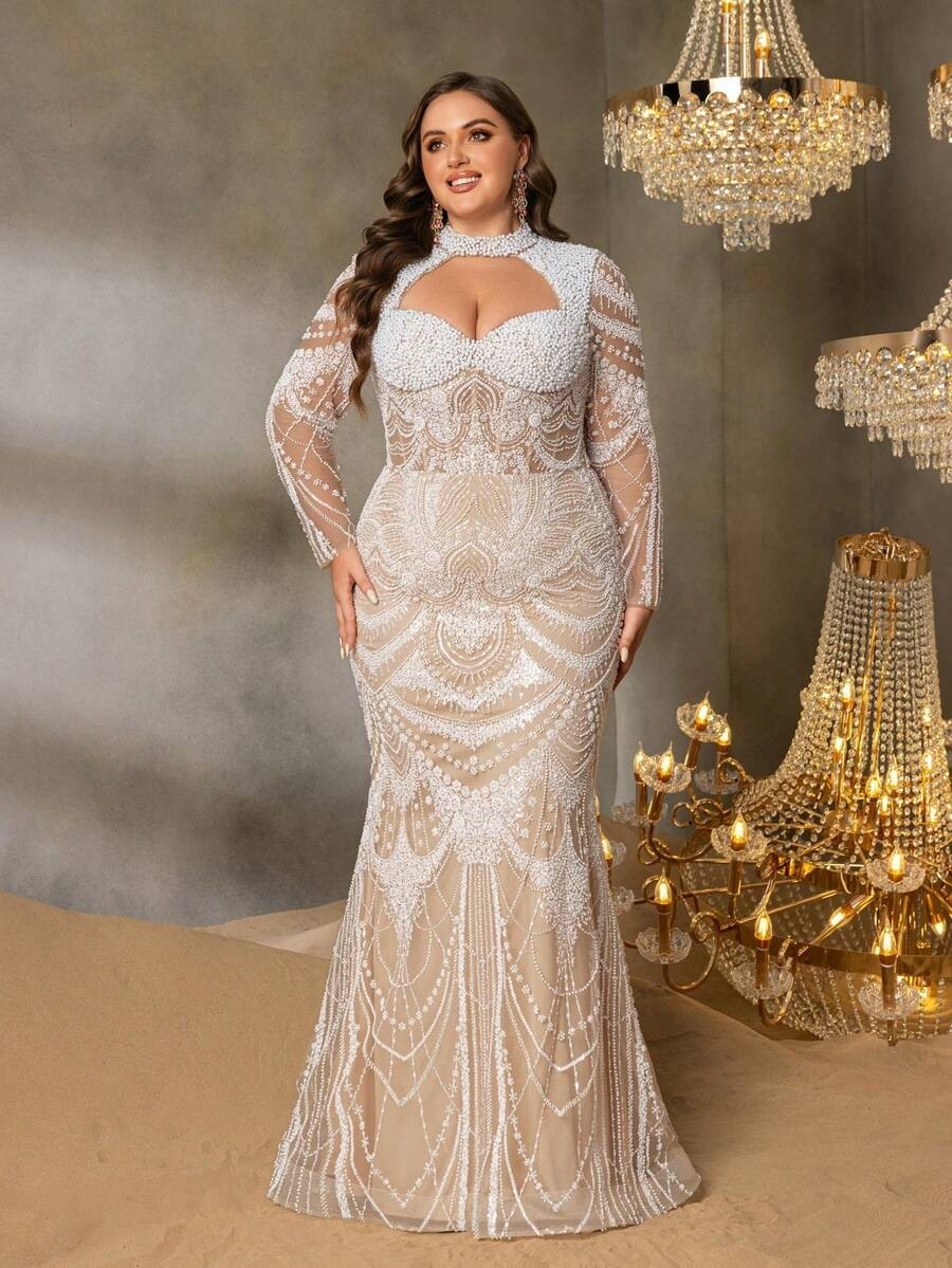 SD3250 High-Neck Floral Beaded Gown with Cutouts