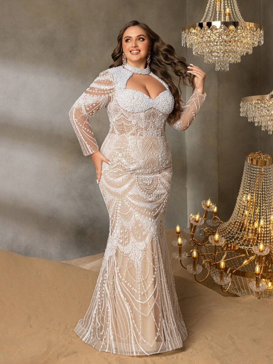 SD3250 High-Neck Floral Beaded Gown with Cutouts