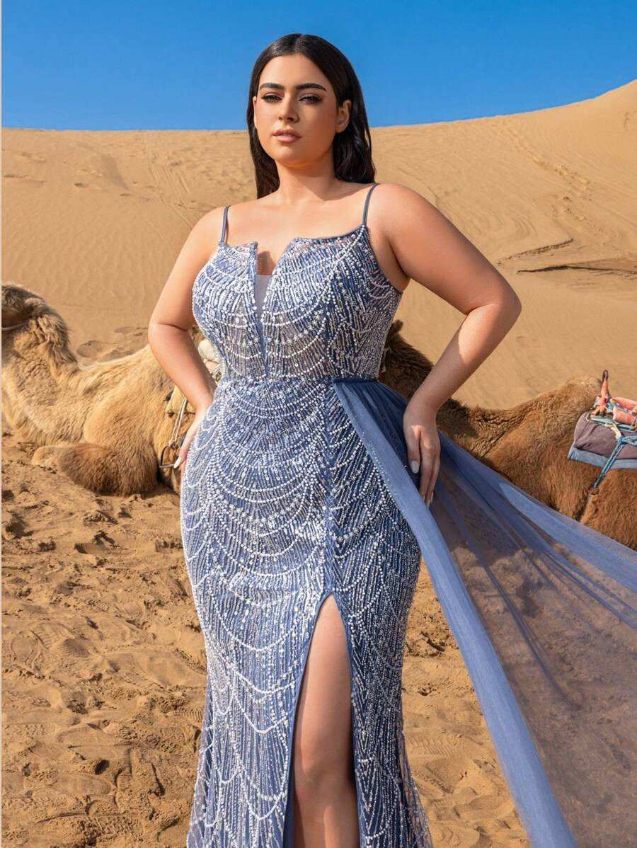 SD3247 Split-Thigh Beaded Mermaid Cami Gown