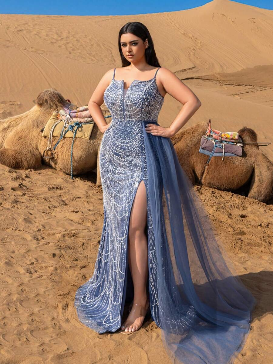 SD3247 Split-Thigh Beaded Mermaid Cami Gown