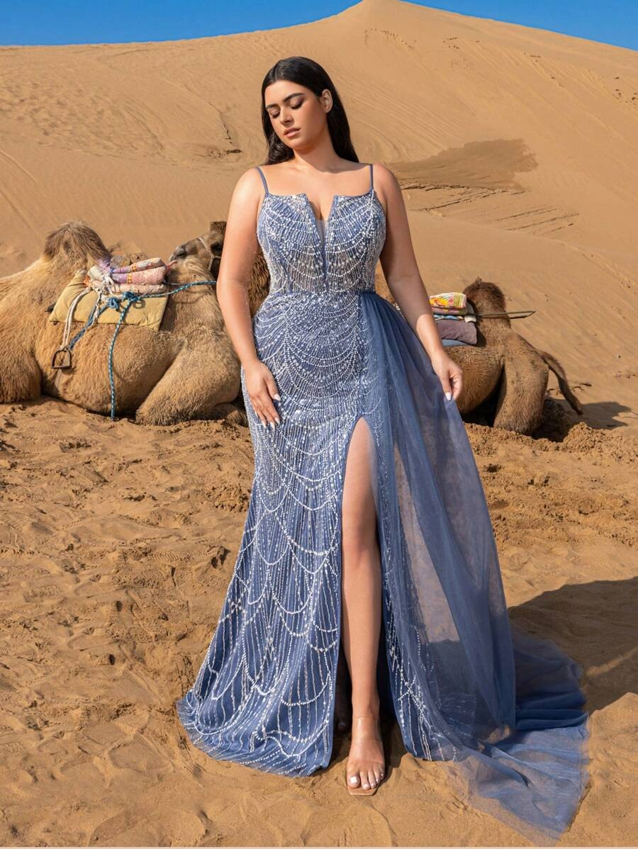SD3247 Split-Thigh Beaded Mermaid Cami Gown