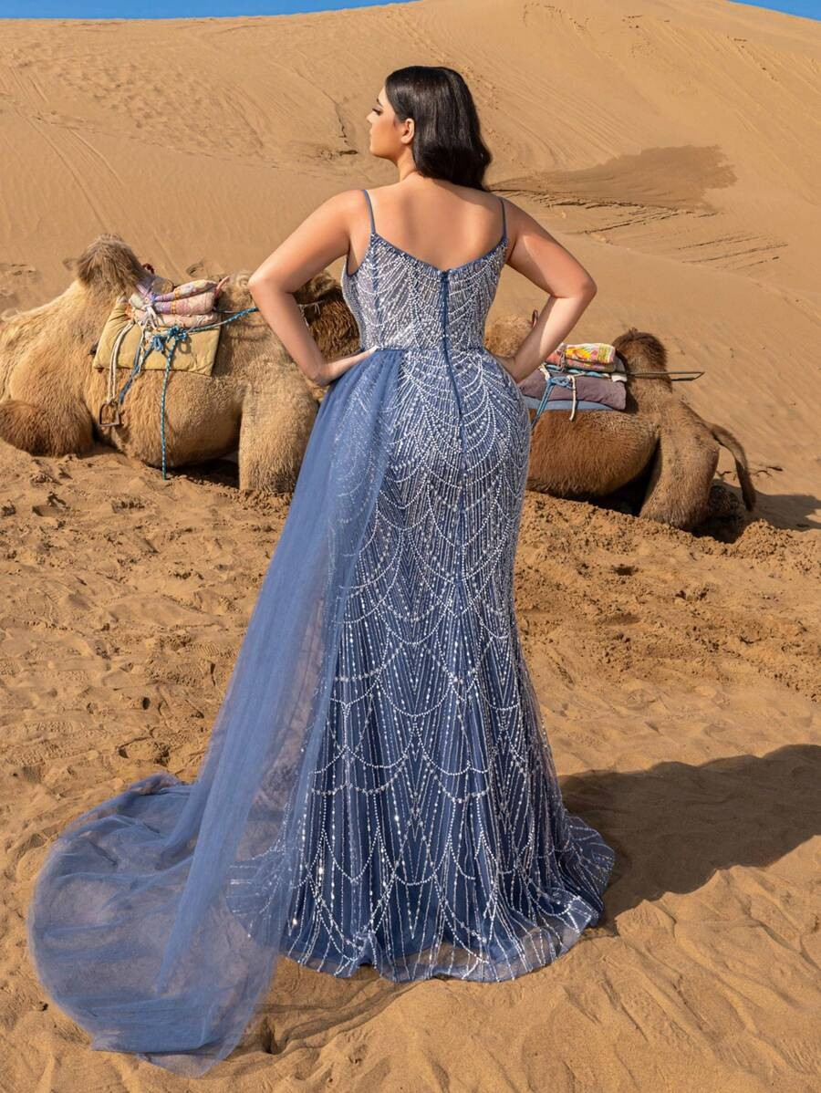 SD3247 Split-Thigh Beaded Mermaid Cami Gown