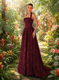 SDE3250 Elegant Burgundy Jacquard Halter Formal Evening Gown