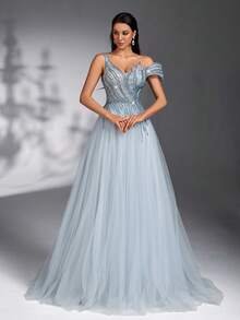 SD3179 Luxe Beaded Asymmetrical Tulle Maxi image 5