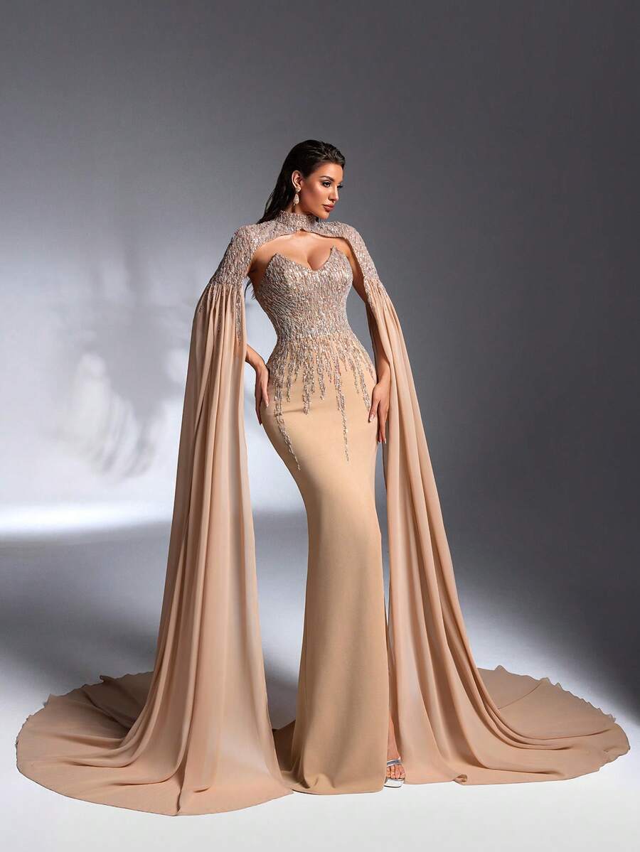 SD3269 Detachable 2-Piece Beaded Tube Top & Chiffon Gown