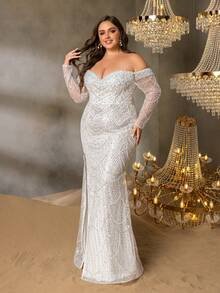 SD3251 Off-Shoulder Beaded Gown with Sheer Sleeves - UK22 (3XL), White image