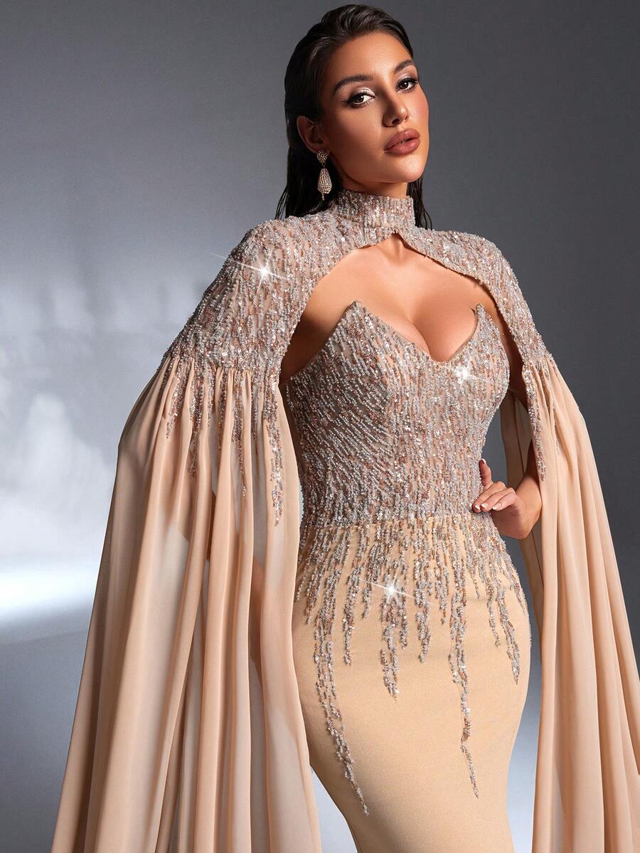 SD3269 Detachable 2-Piece Beaded Tube Top & Chiffon Gown
